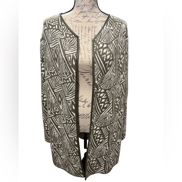 Cato Sweaters - Cato Long Open Front Faux Leather Trim Cardigan Sweater Green White Size Large